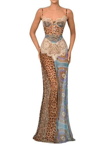 Sexy Split Leopard Print Lace Maxi Dress Women's Elegant Patchwork Chiffon Sleeveless Backless Beach Evening Dress, Drestiny, Maxi Dresses, Sleeveless, S, M, L, 4, 6, 8, 10, Blue, Coffee, United States, USA, Canada, Australia, New Zealand, United Kingdom, UK, leopard print lace maxi dress, animal print lace maxi dress, long leopard print lace dress, leopard lace trim maxi dress, sexy leopard print lace maxi dress, shopdrestiny.com